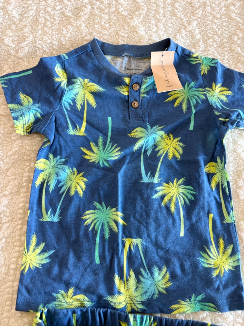 First Impressions Blue Palm Tree Print Henley Tee